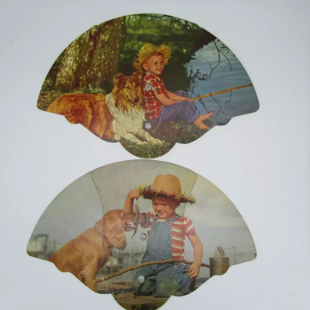2 Vintage Pull Out Fan Little Boy Fishing with Dogs Funeral Home Advertising