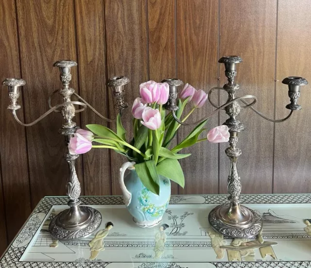 Pair of Large Vintage Silver Plate 3 Arm Candelabra, Candlestick Floral Details