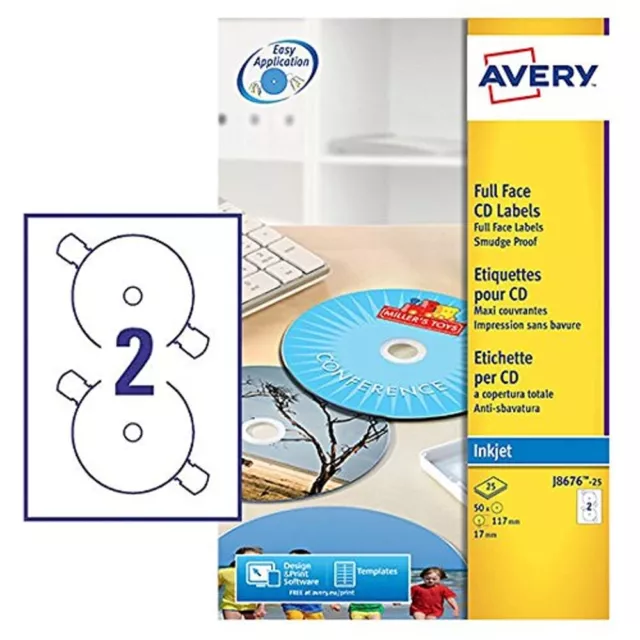 Avery J8676-25 Self-Adhesive Full Face CD Labels, 2 Labels Per A4 Sheet, White 1