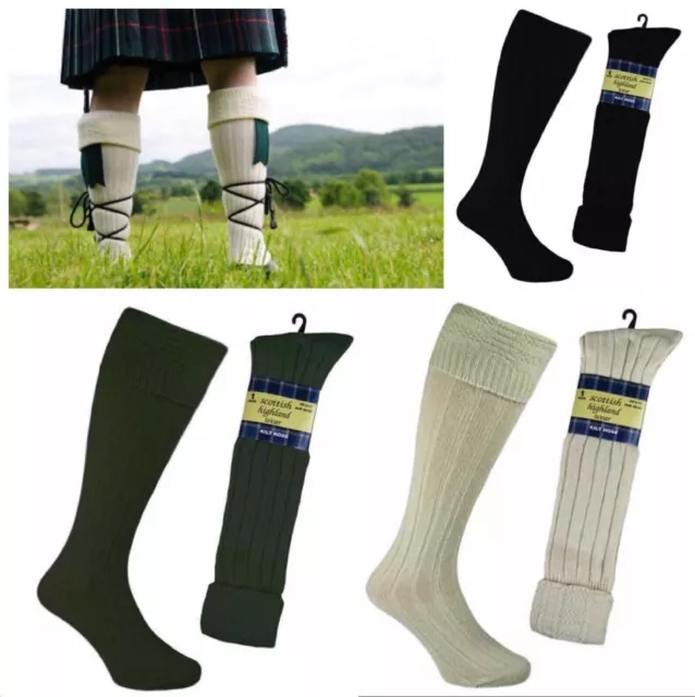 Pair Mens Wool Blend Scottish Highland Kilt Hose Socks Size 6-11 CREAM GREEN