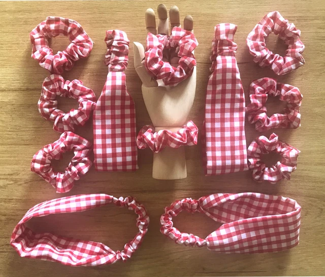 PACCHETTO CAPELLI ROSSO SCUOLA GINGHAM/LOTTO LAVORO - 4 fasce + 8 scrunchies - MADE UK
