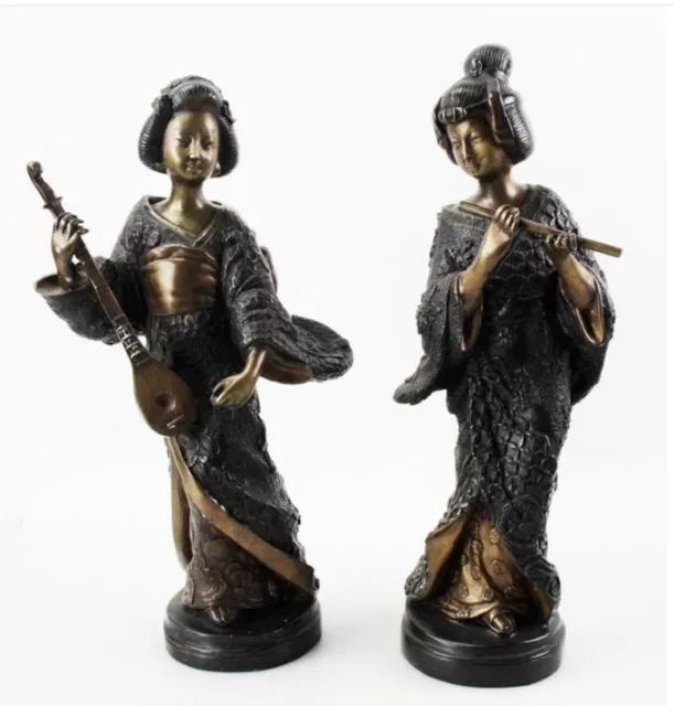Antique Japanese Bronze Female Musician Figures Statues 19” Meiji Era Geisha