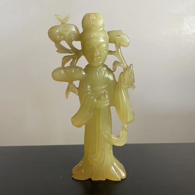 Antique Chinese Carved Green Celadon Jade Stone Statue Figurine Lady Goddess Art