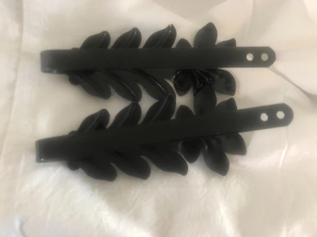 Vintage  Drapery Curtain Pull Back Ties  Embossed Metal Black Gloss Leaf Floral 8