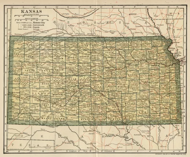 KANSAS Map: Genuine 1908 (dated) County Town Railroads Topography Reservations