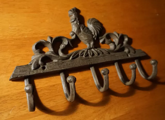 Rustic Primitive Style COUNTRY ROOSTER Cast Iron 5 Hook Hanger Home Decor NEW 3