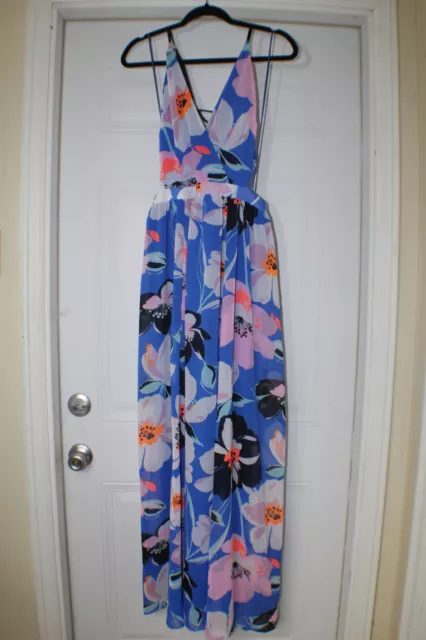 Express Strappy Side Plunge Cut-Out Maxi Adjustable Strap Dress Blue Floral XL