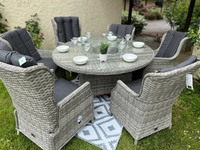 Rattan garden furniture  firepit Round Table & reclining chairs patio Dining set