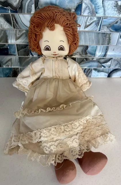 Vintage Handmade Folk Art Rag Doll w/Hand-Painted Face in Victorian-Style Dress