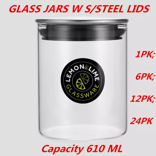 Glass Jar Food Storage Bottle Sealed Cans S/Steel Lid Air Tight Container 610ml