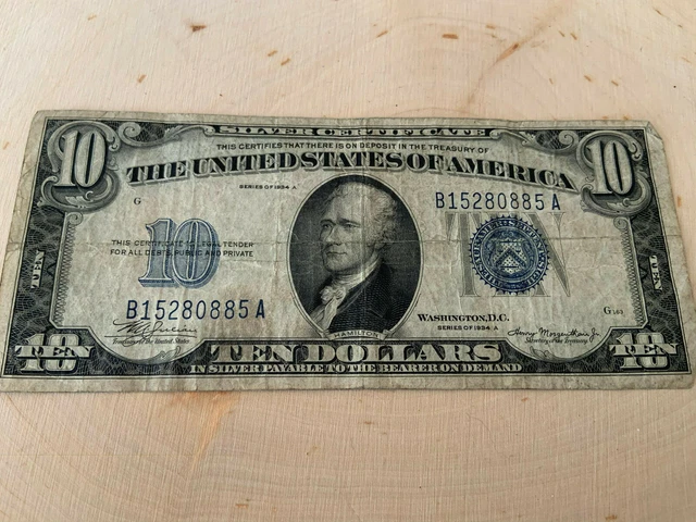 1934-A $10 Ten Dollars Blue Seal Silver Certificate Currency Note -G163