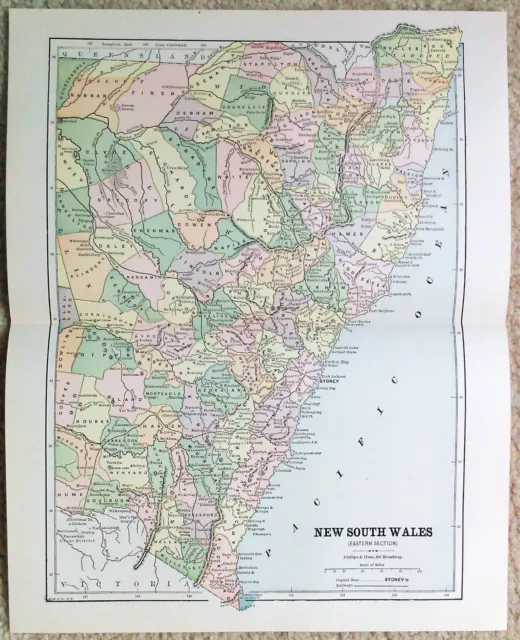 Eastern New South Wales - Original 1887 Map by Phillips & Hunt. Antique