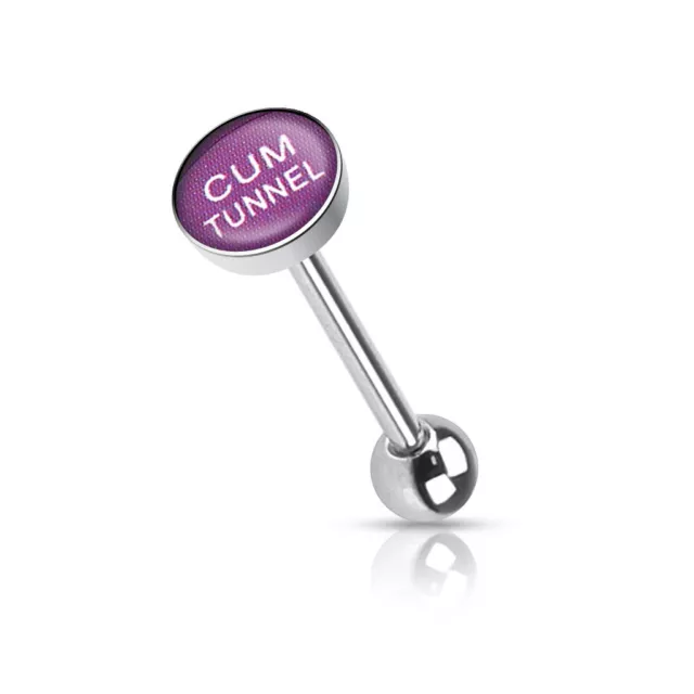 Tongue Ring Straight Barbell With "CUM TUNNEL" Picture Logo Flat TOP 14G (B/6/6)