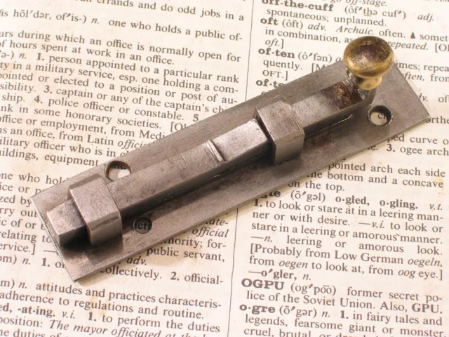 Vintage 3-5/8" FORGED IRON Door Bolt Security Latch Slide Lock w Brass Knob