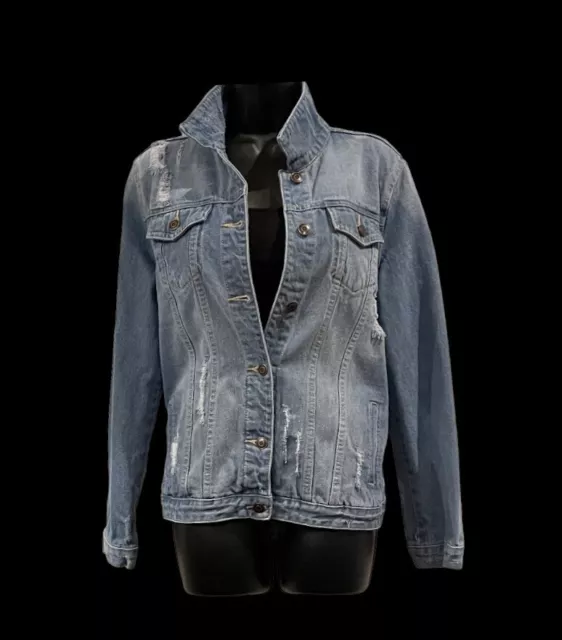 Altard State Denim Blue Jean Jacket Women’s Large Distressed Lt Wash Trucker Y2K