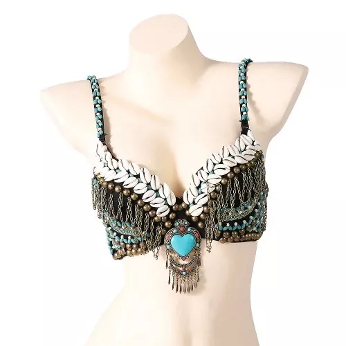 Tribal Belly Dance Bra Push Up Shells Beads Top  Gypsy Coins Bra with Turquoise