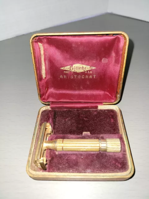 Vintage Rare Gillette Aristocrat Safety Razor Gold Tone Antique Made In USA