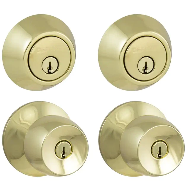 Entry Door Knob Combo Lock Set With Deadbolt 4 Keys Grip Polished Brass Defiant