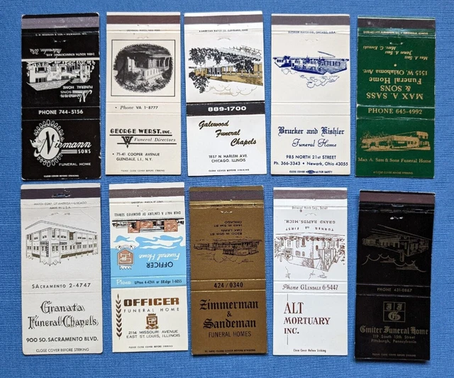 Lote de 10 cubiertas de fósforo imágenes de funerarias WI NY IL OH IL MI PA front strkr