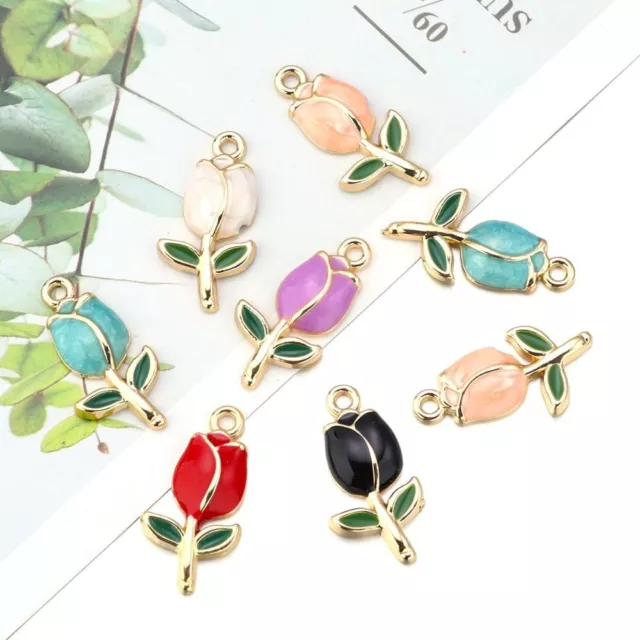ALLOY ENAMEL FLOWER Charms Floral Plant Tulip Pendent Handmade Crafts ...