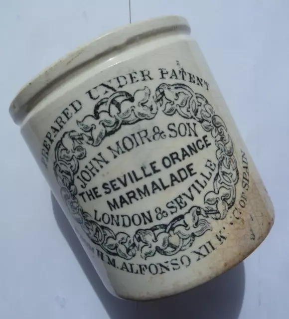 RARE 1lb size JOHN MOIR Seville orange marmalade transferred pot, crock C 1880