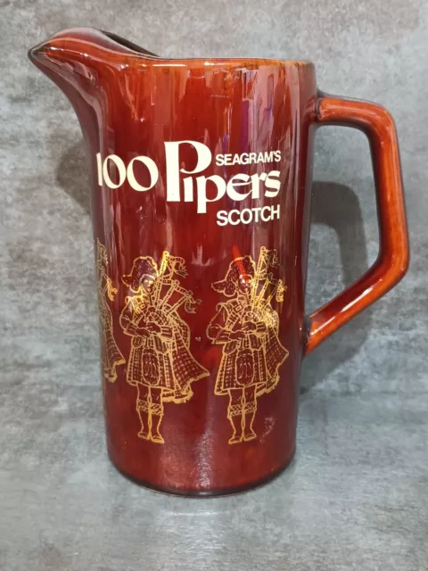 Vintage Seagram's 100 Pipers Scotch Whisky Pitcher Brown Glaze Barware Man Cave