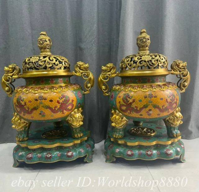 31.2" Qianlong Marked Old Chinese Bronze Cloisonne Dragon incense burner Pair