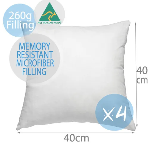 4 x Aus Made Memory Resistant Cushion Inserts Pillow Polyester Fibre 40x40CM