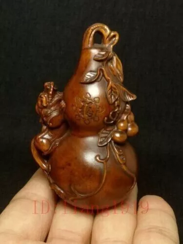 Chinese boxwood carved Pi Xiu Lagenaria gourd netsuke pendan Fengshui decoration