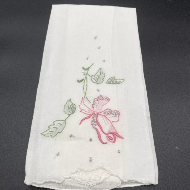 Vintage Embroidered White Pink Floral Fingertip Tea Hand Towel 16 1/2”x10 1/2”
