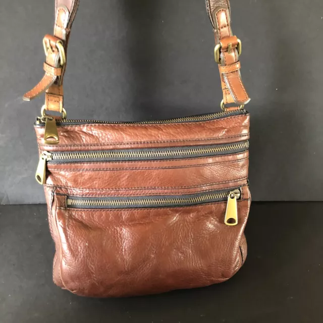 Fossil Explorer Brown Leather Crossbody Handbag 3 Zipper Pouches Classic Purse