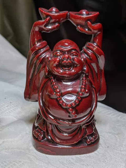 Vintage Chinese Laughing Fat Buddha Red Figurine Statue Heavy Resin 4" Tall