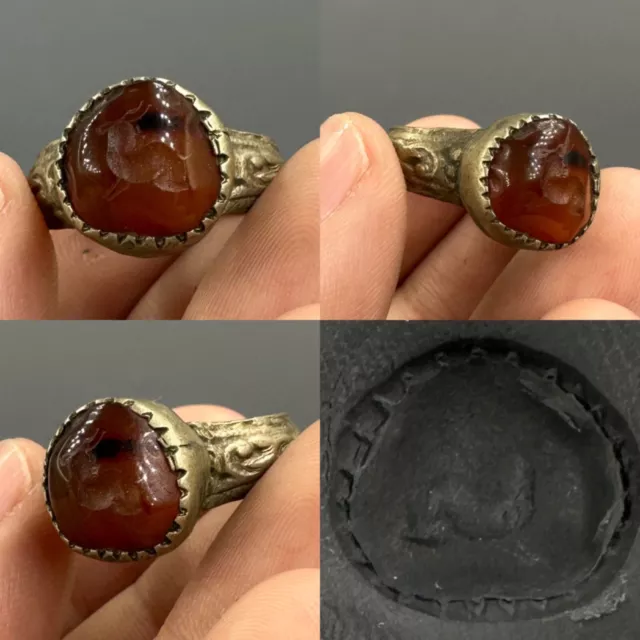 Unusual ancient Roman agate stone rare intaglio bronze ring