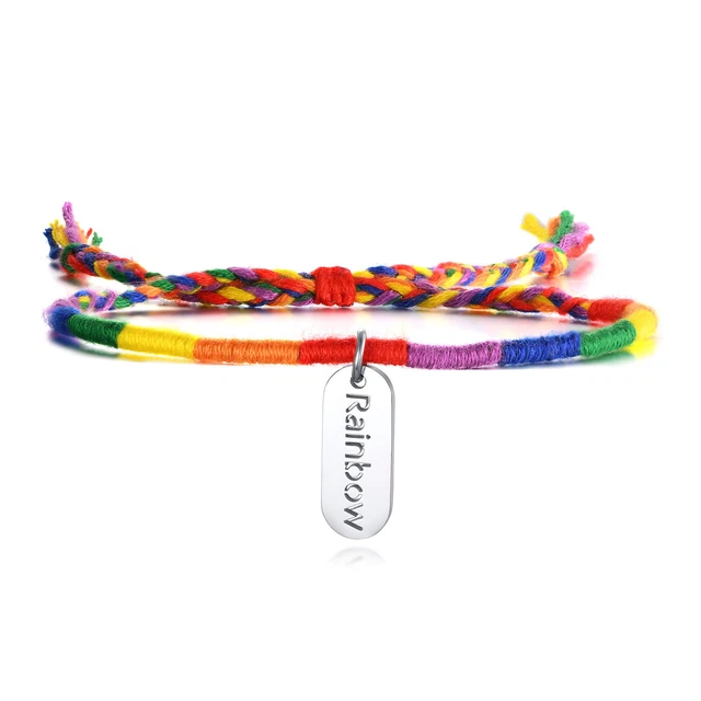 Lesbian Accessories Stainless Steel Hollow Tag Rainbow Woven Hand Rope Bracelet