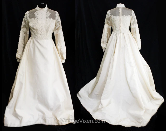 Size 6 Wedding Dress with Train 1960s Silk Peau du Soie Beaded Bridal Gown NWT
