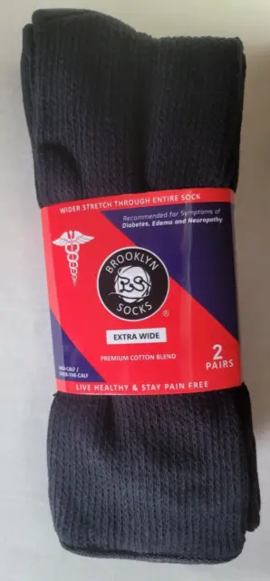Brooklyn Diabetic Socks 2 Pack 10-16 L XL Black Extra Wide Mid Over Calf Cotton