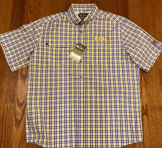 NWT! Drake LSU Tigers Button Up Shirt, Purple And Gold Plaid, Men’s Small