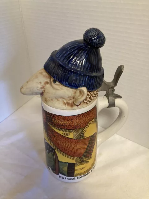 GERZIT Gemz W GERMANY Pottery Stein SKIER Big Nose Face Vintage Metal Hinged Lid