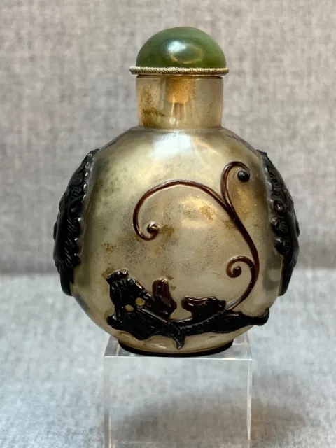 Antique China Cameo Peking Glass Overlay Tiger Lion Demon Face Mask Snuff Bottle