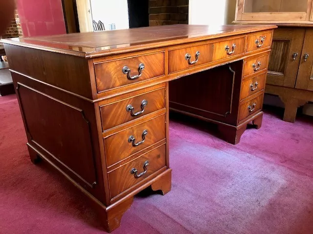 Antique Style Twin Pedestal Partners Desk With Burgundy Leather Top