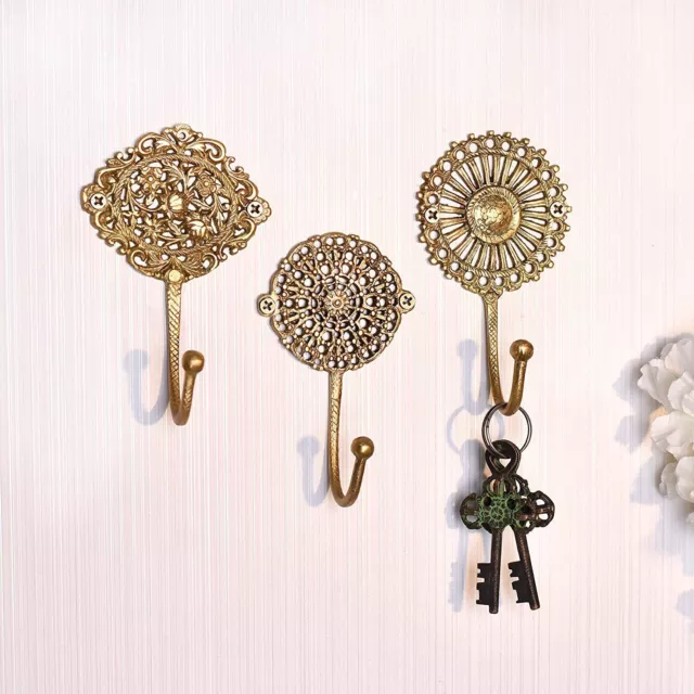 Vintage Finish Set Of 3 Decorative Floral Boho Brass Wall Hooks Coat Rack Hanger