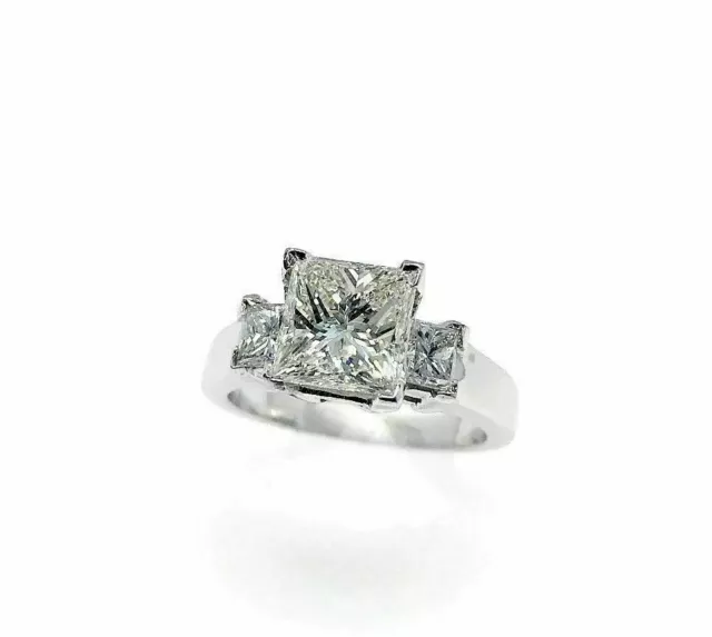 2.69 Carats t.w. 3 Stone Princess Cut Diamond Wedding Ring 2.13 K VS1 GIA Center