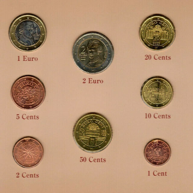 Coin Sets of All Nations Austria 1,2,5,10,20,50 Cents 1,2 Euro 2002 3