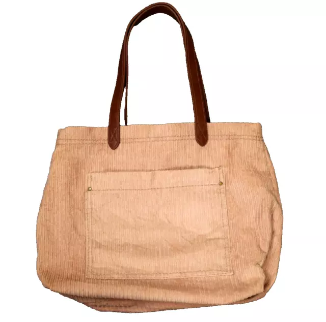 Corduroy Tote Bag, Faux Leather Shoulder Straps, Lined, Pockets Pink 13"x12"