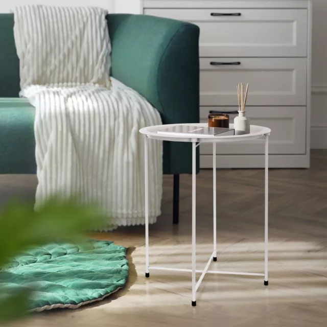 Mesa redonda metálica auxiliar blanca 43 x 52 cm con bandeja extraíble plegable