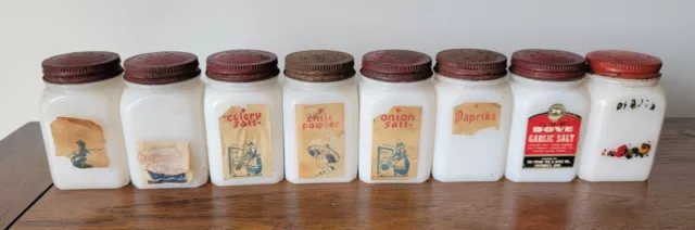 8 Vintage 1940s Dove White Milk Glass Spice Jars w/ Red Metal Lids