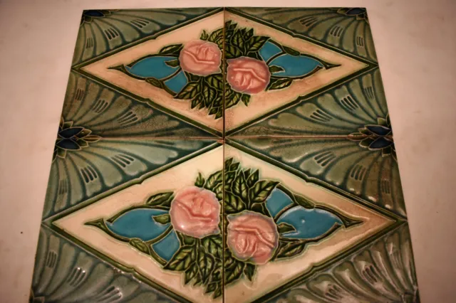 Antique Porcelain Tile Japan Art Nouveau Majolica Floral Rose Ceramic FM Bran"25 3