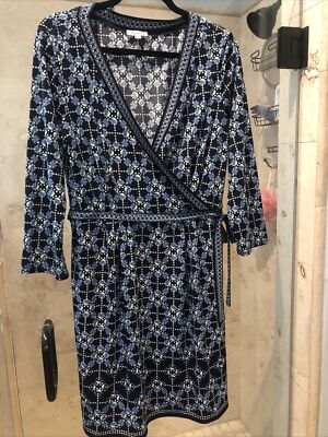 Max Studio London Printed Moc Jersey Wrap Dress Blue White Batik Print  XL