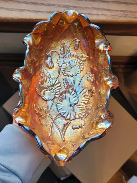 AWESOME Old Imperial Carnival Glass Dark Amber Pansy Pickle Dish