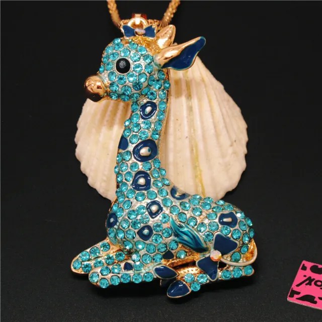 Hot Cute Blue Giraffe Crystal Betsey Johnson Animal Pendant Chain Necklace